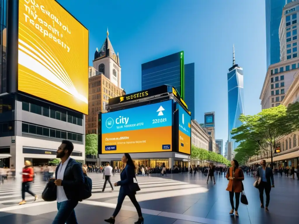 Pantalla digital en la ciudad: integración tecnológica Señalización digital en transporte urbano: Pantalla urbana muestra información en bulliciosa calle moderna