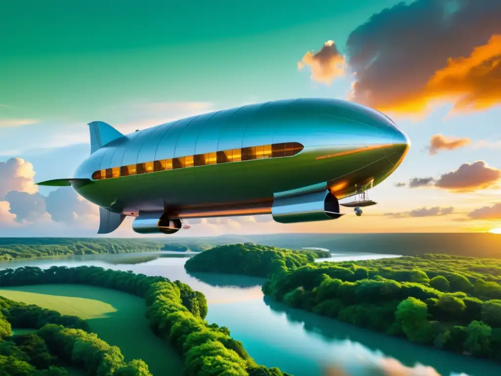 Un dirigible futurista se desliza en un cielo vibrante al atardecer, reflejando el sol