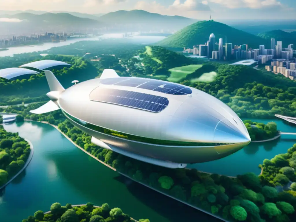 Dirigible futurista con paneles solares y vegetación, sobrevolando una ciudad sostenible