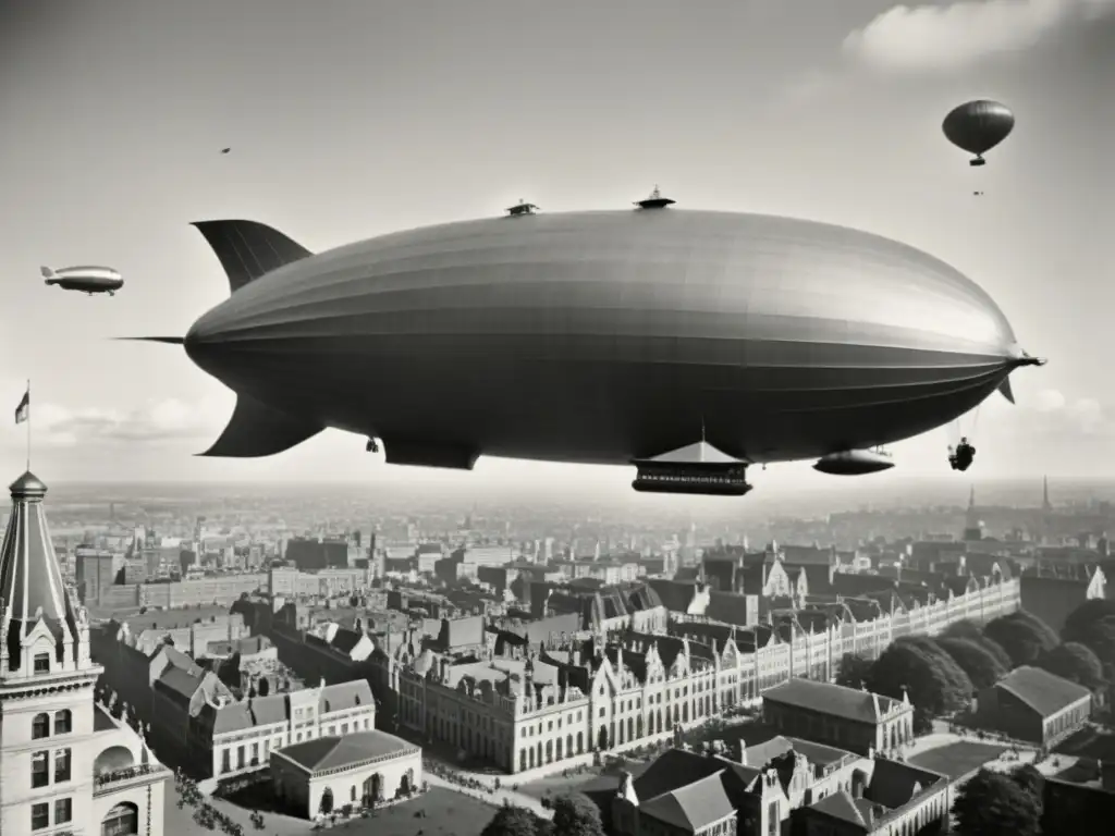 Un dirigible masivo flota sobre la ciudad mientras la gente en la tierra contempla con asombro