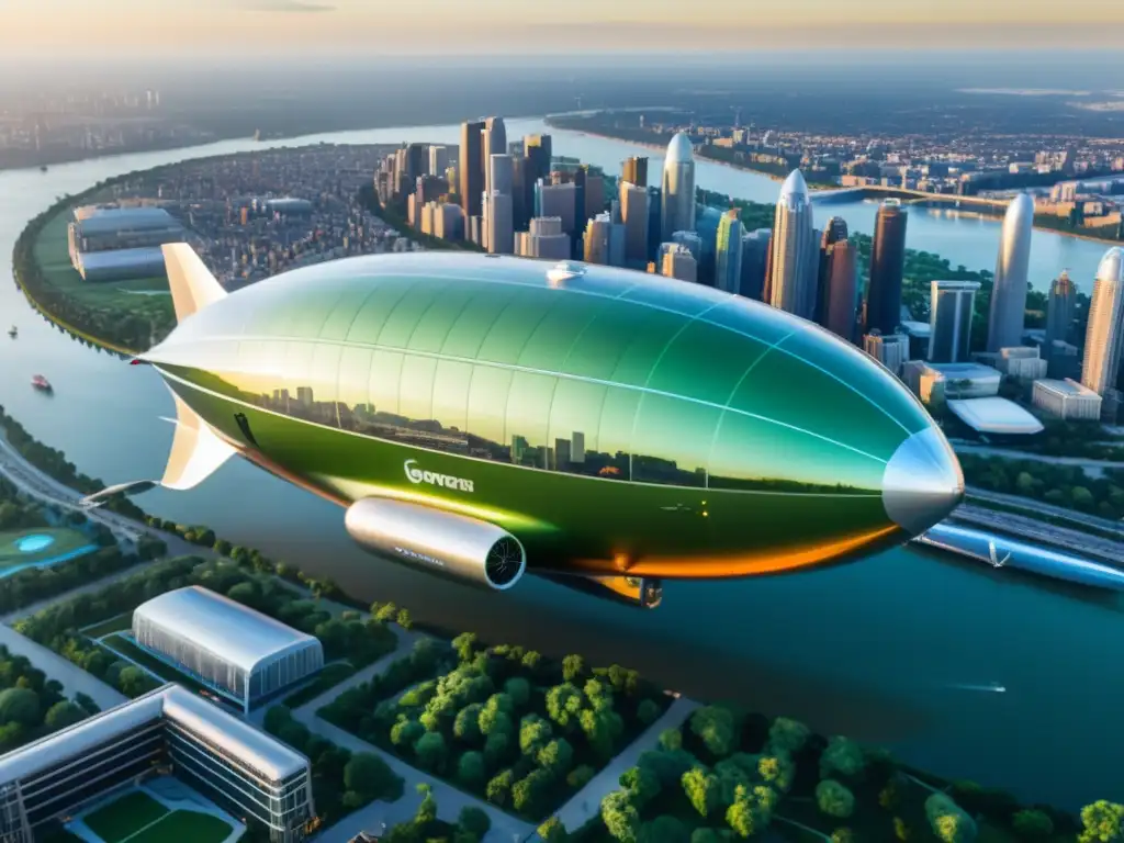 Un dirigible moderno y elegante sobrevolando una ciudad vibrante