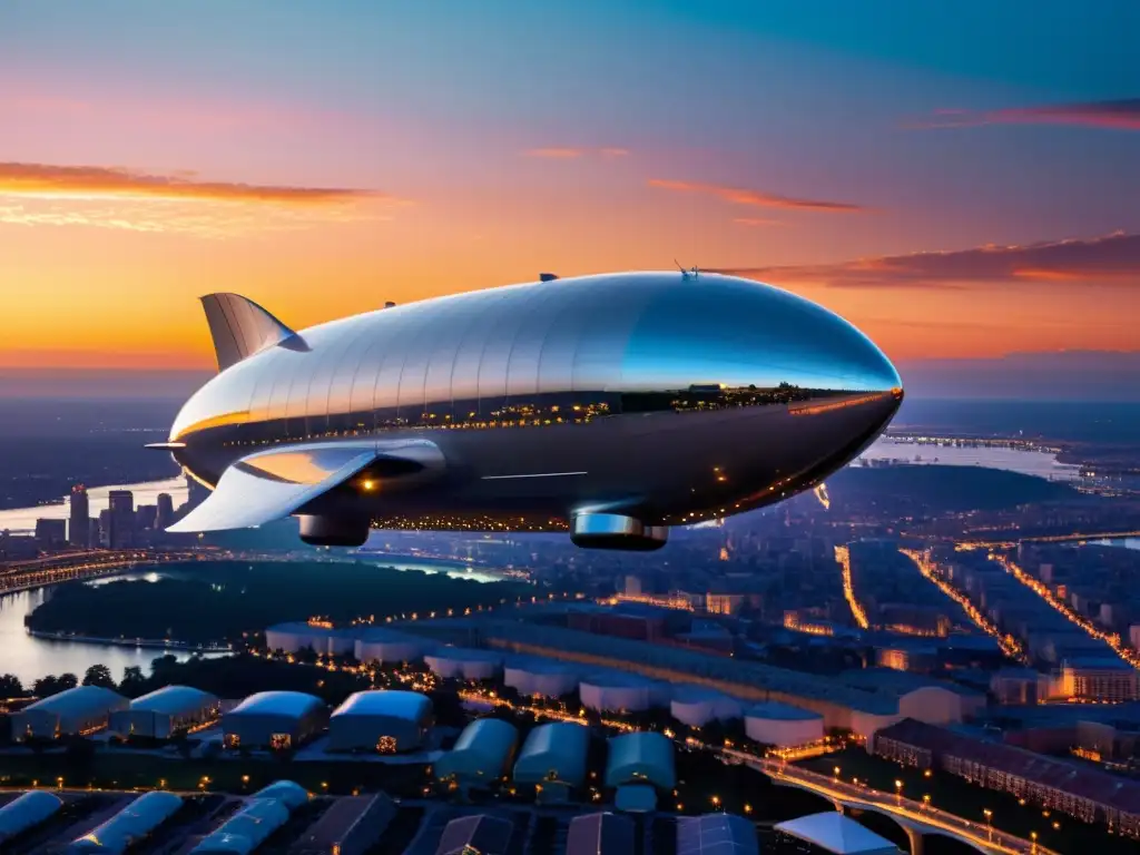 Un dirigible plateado flota graciosamente en un atardecer vibrante, destacando el impacto ambiental del transporte innovación