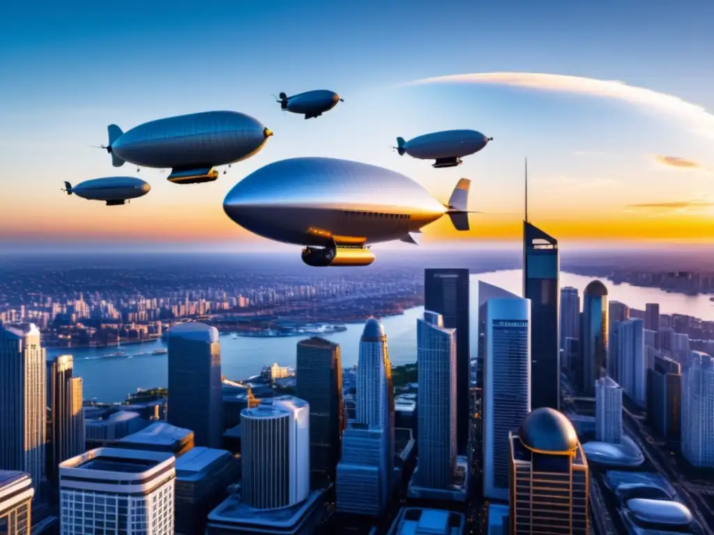 Dirigibles como transporte aéreo sostenible: Ciudad futurista con dirigibles modernos flotando entre rascacielos al atardecer