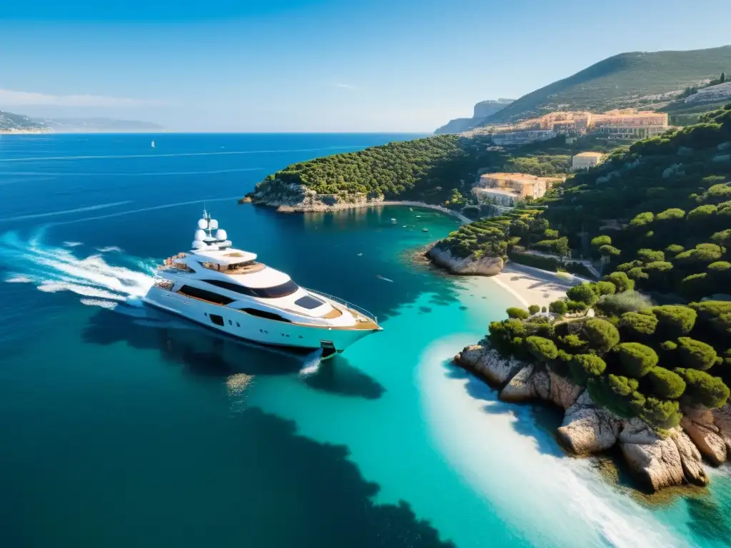 Diseñadores líderes yates lujo: Imagen de un lujoso yate surcando las aguas cristalinas del Mediterráneo, con la costa de la Riviera Francesa de fondo