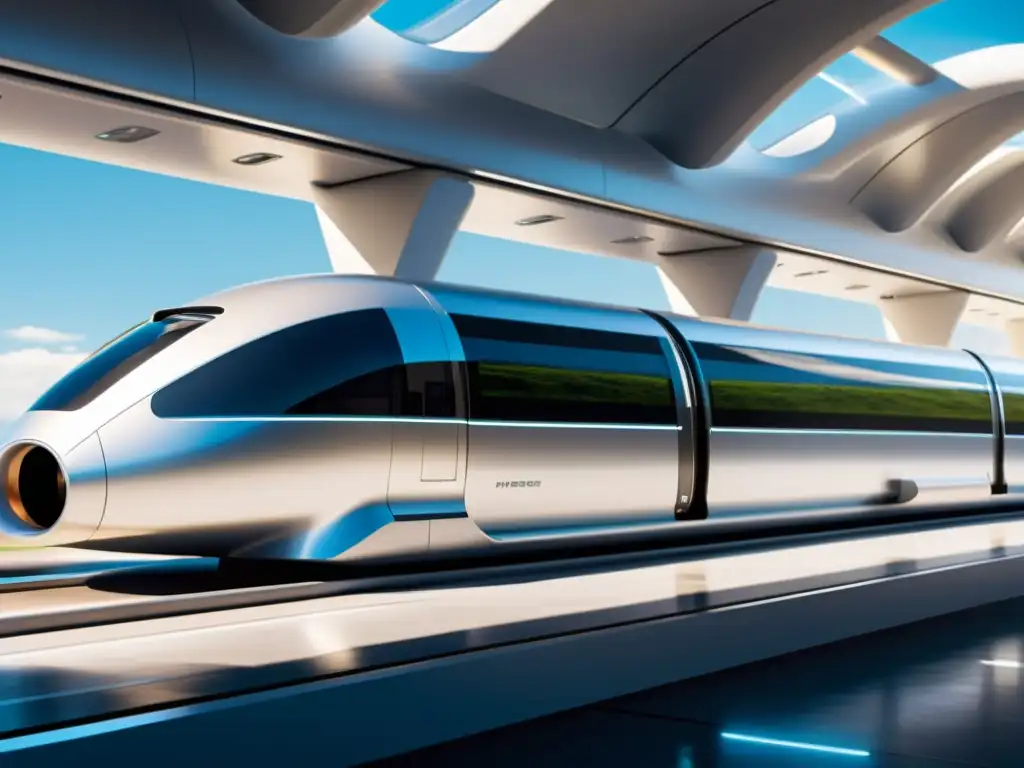 Diseño cápsulas Hyperloop innovación transporte: Futurista cápsula Hyperloop suspendida en estación minimalista, con pasajeros esperando abordar