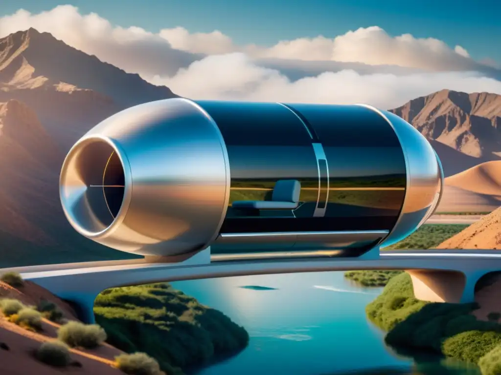 Diseño innovador de cápsula Hyperloop en el vacío, destacando tecnología avanzada y comodidades modernas, en paisaje de velocidad