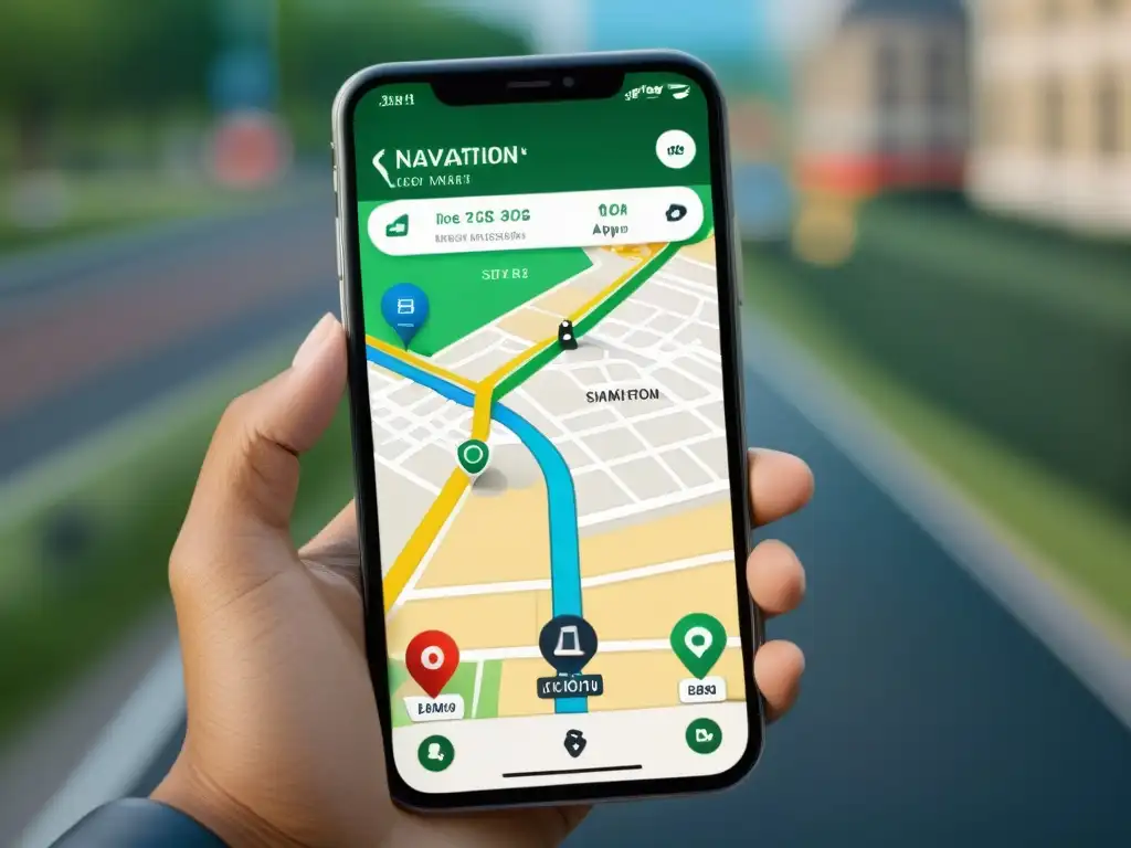 Diseño de mapas en apps: Imagen de pantalla de smartphone con mapa detallado y ruta exitosa, mostrando landmarks y tráfico en vivo