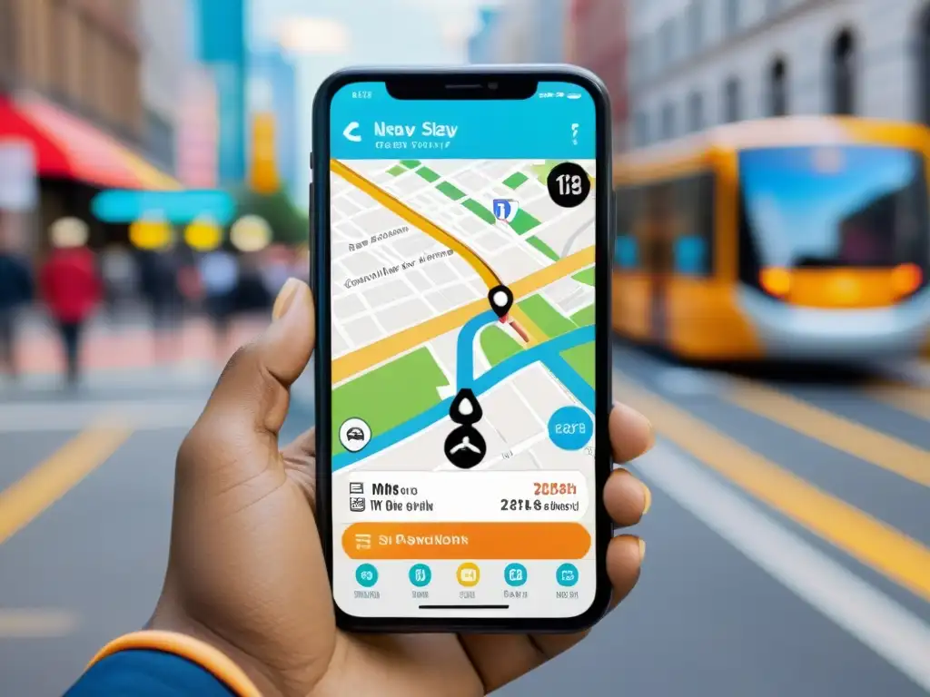 Diseño de mapas en apps: Persona concentrada usa una app de navegación en la bulliciosa ciudad mientras la pantalla muestra rutas y puntos de interés