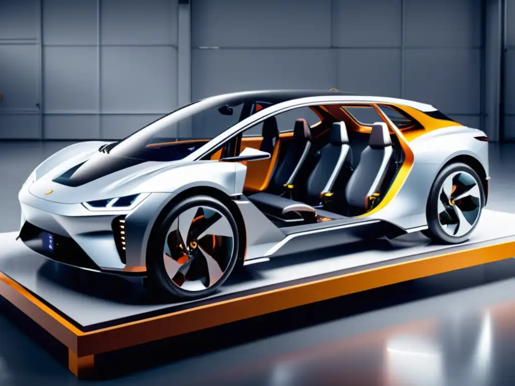 Diseño modular vehículos sostenibles: Construcción futurista de un auto eléctrico transparente, revelando su diseño sostenible y tecnología innovadora