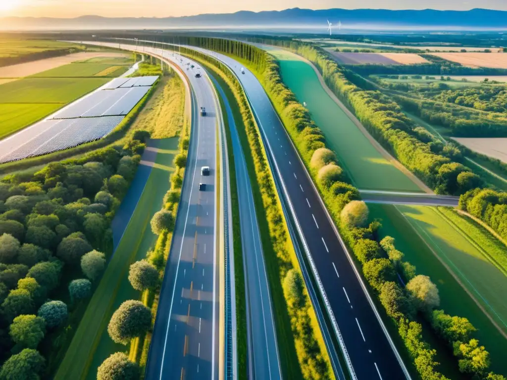 Diseño sostenible de infraestructura vial: Autopista moderna entre paisaje verde con energía renovable y vehículos eléctricos al atardecer