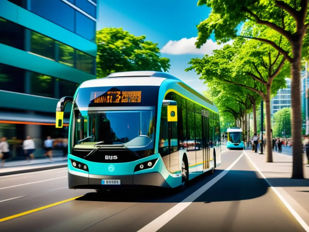 Diseño sostenible medios de transporte: Imagen de un moderno autobús eléctrico deslizándose por una calle arbolada de la ciudad, fusionando estética y sostenibilidad en la movilidad urbana