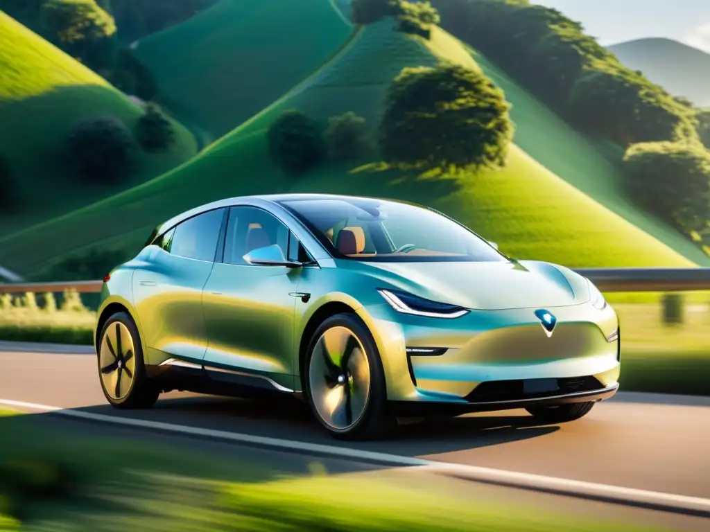 Diseño sostenible medios de transporte: Un coche eléctrico moderno recorre un paisaje verde, resaltando la armonía entre tecnología y naturaleza