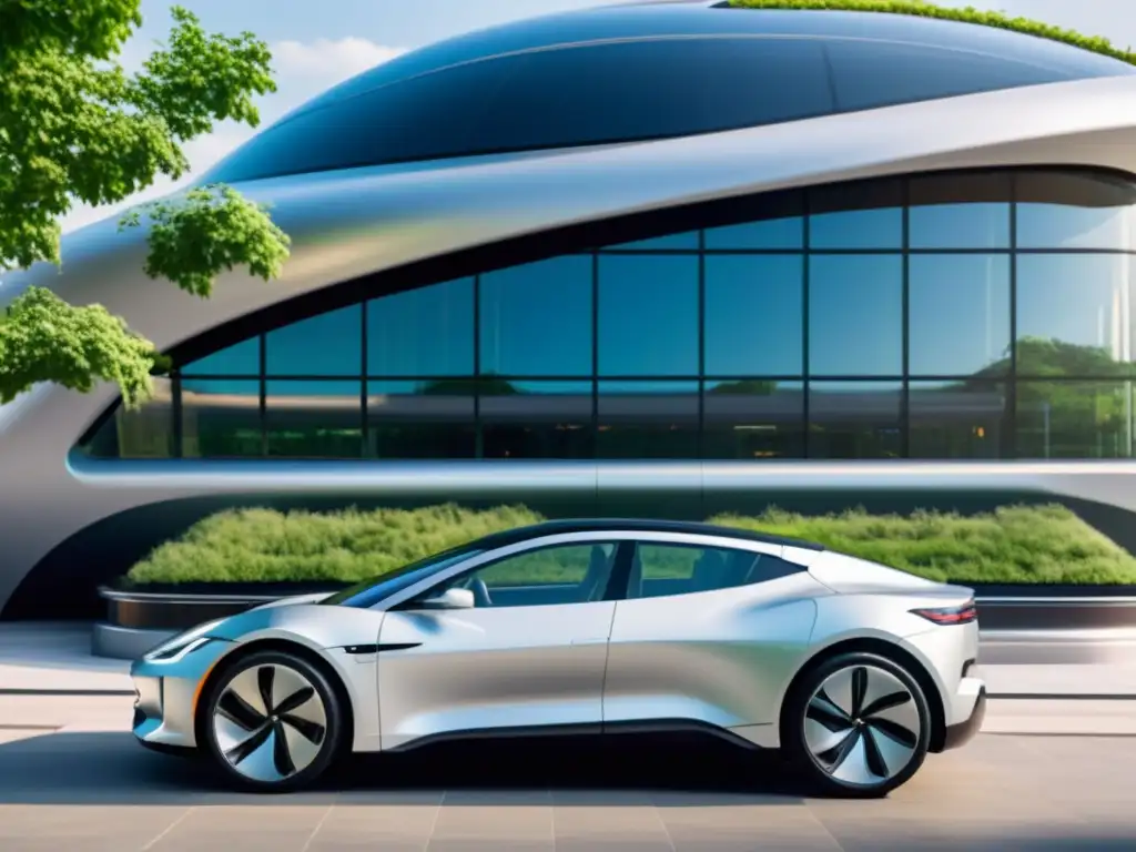 Diseño sostenible medios de transporte: Coche eléctrico plateado frente a estación ecoamigable futurista con techo verde y paneles solares