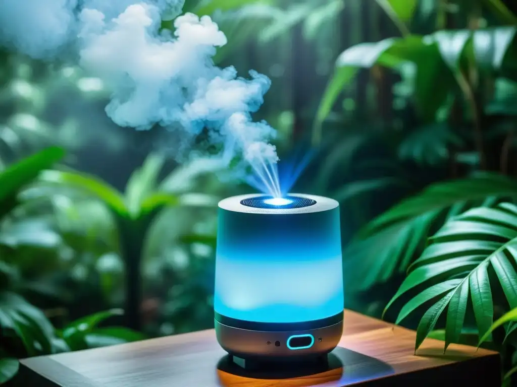 Un dispositivo futurista anti mosquitos en un entorno tropical, emitiendo una suave luz azul y rodeado de repelente ecológico