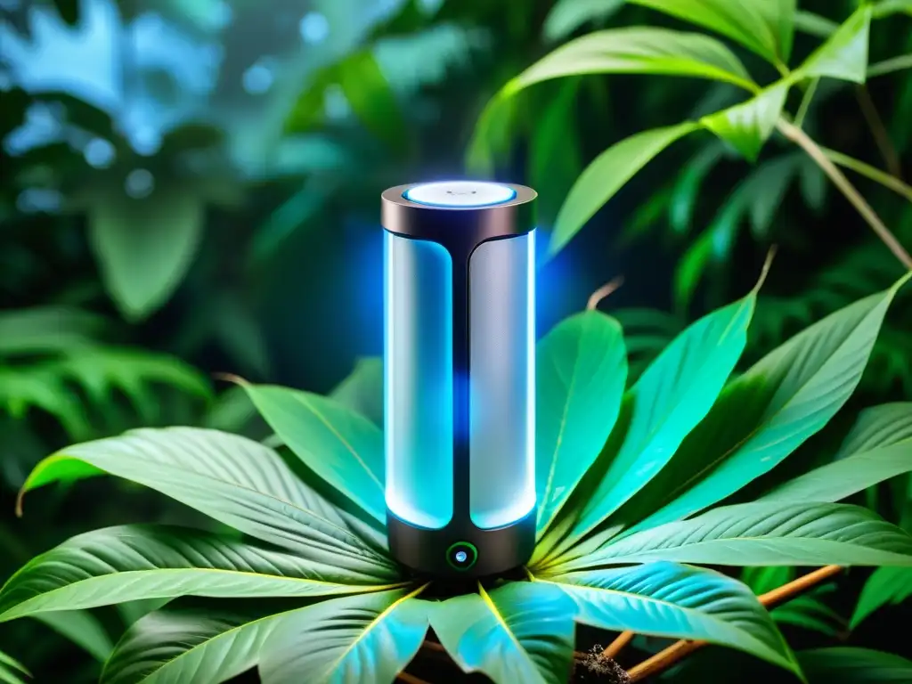 Un dispositivo moderno anti mosquitos tropicales emite luz azul entre exuberante vegetación