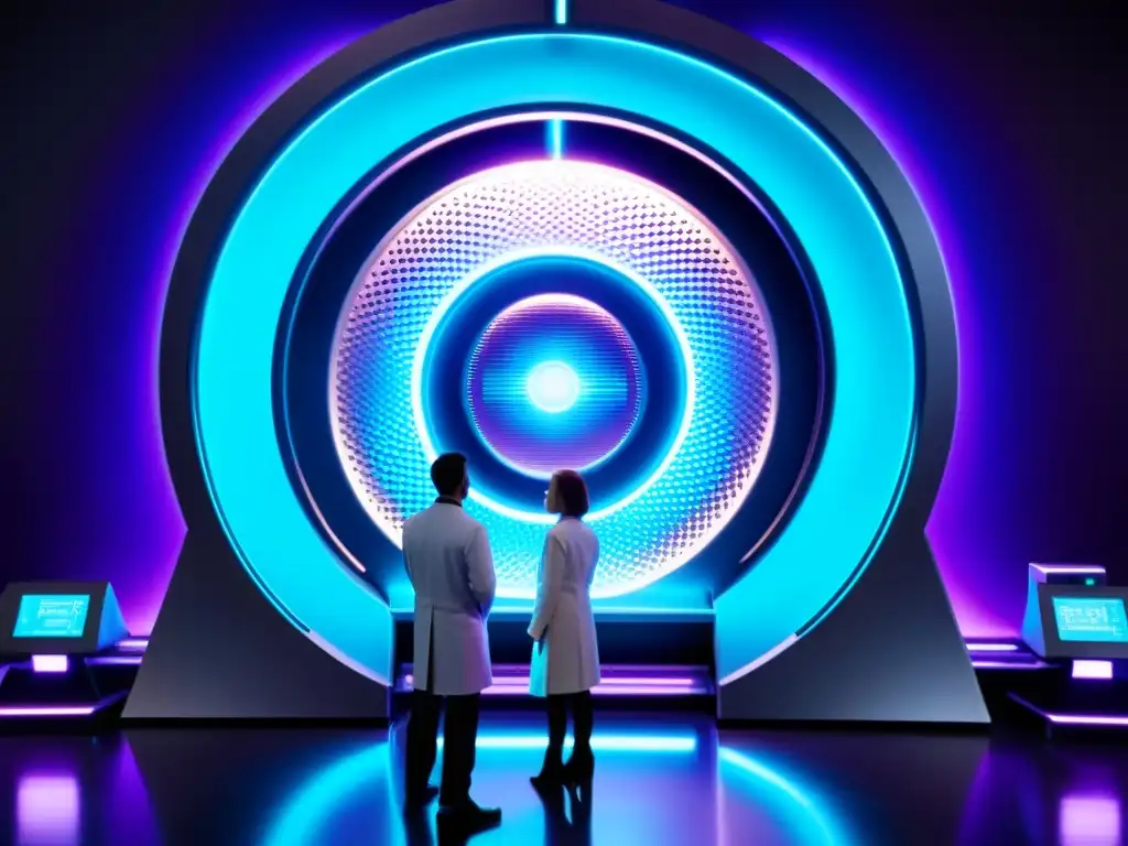 Portal interdimensional: maravilla científica en laboratorio futurista Un dispositivo portal futurista brillante con luces azules y moradas, rodeado de maquinaria metálica y científicos analizando sus propiedades