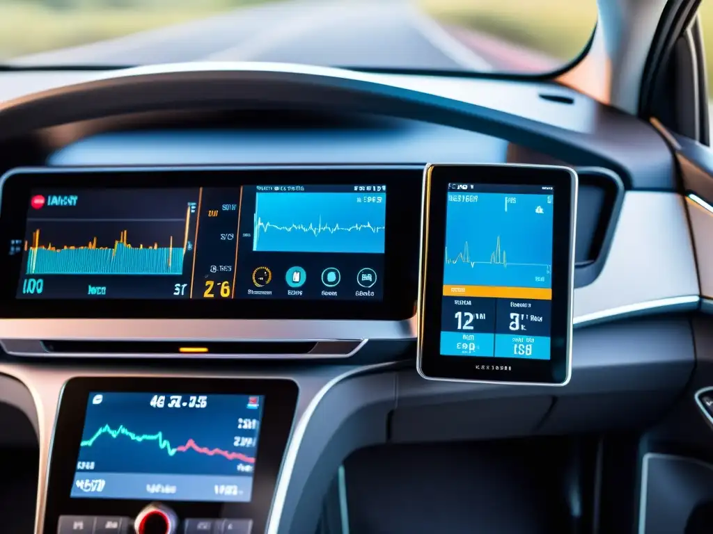 Dispositivos de monitoreo de salud de vanguardia integrados en un transporte futurista, mostrando signos vitales y gráficos detallados en la pantalla