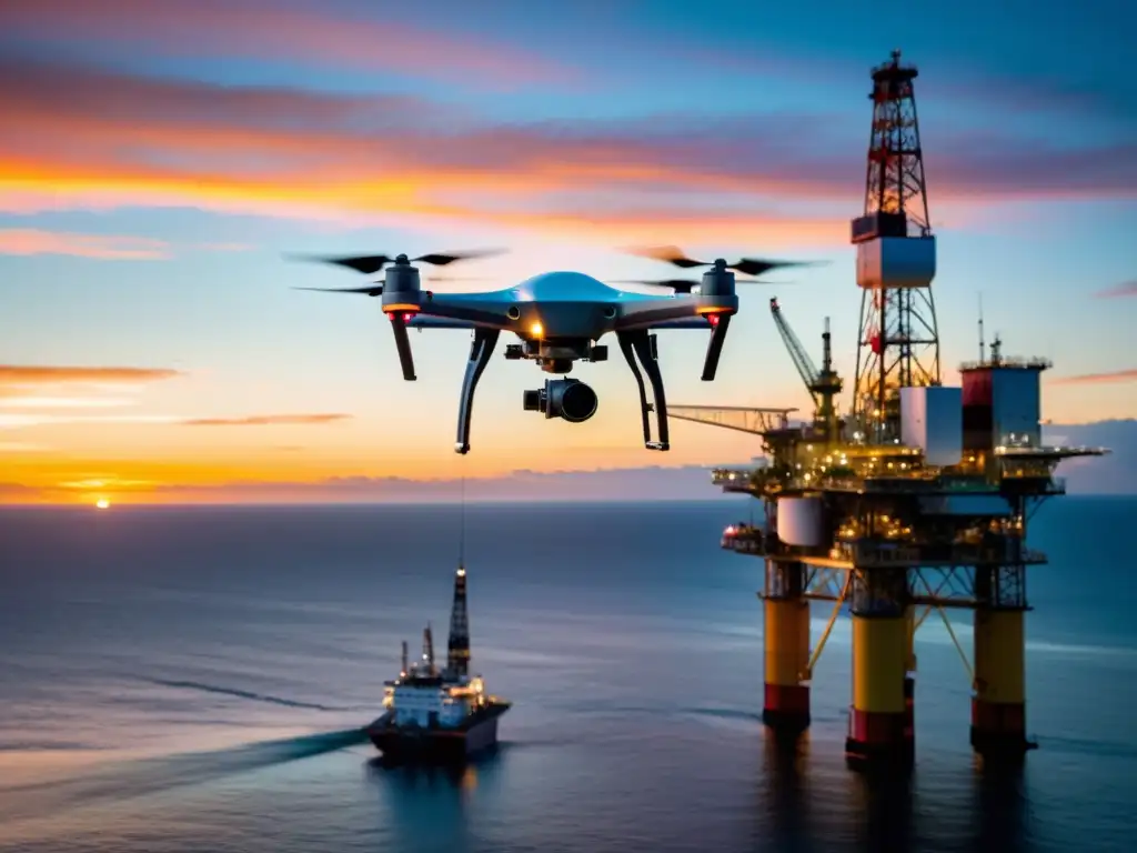 Un dron de alta tecnología supervisa una plataforma petrolera en el mar al atardecer, destacando el uso innovador de drones en la industria petrolera