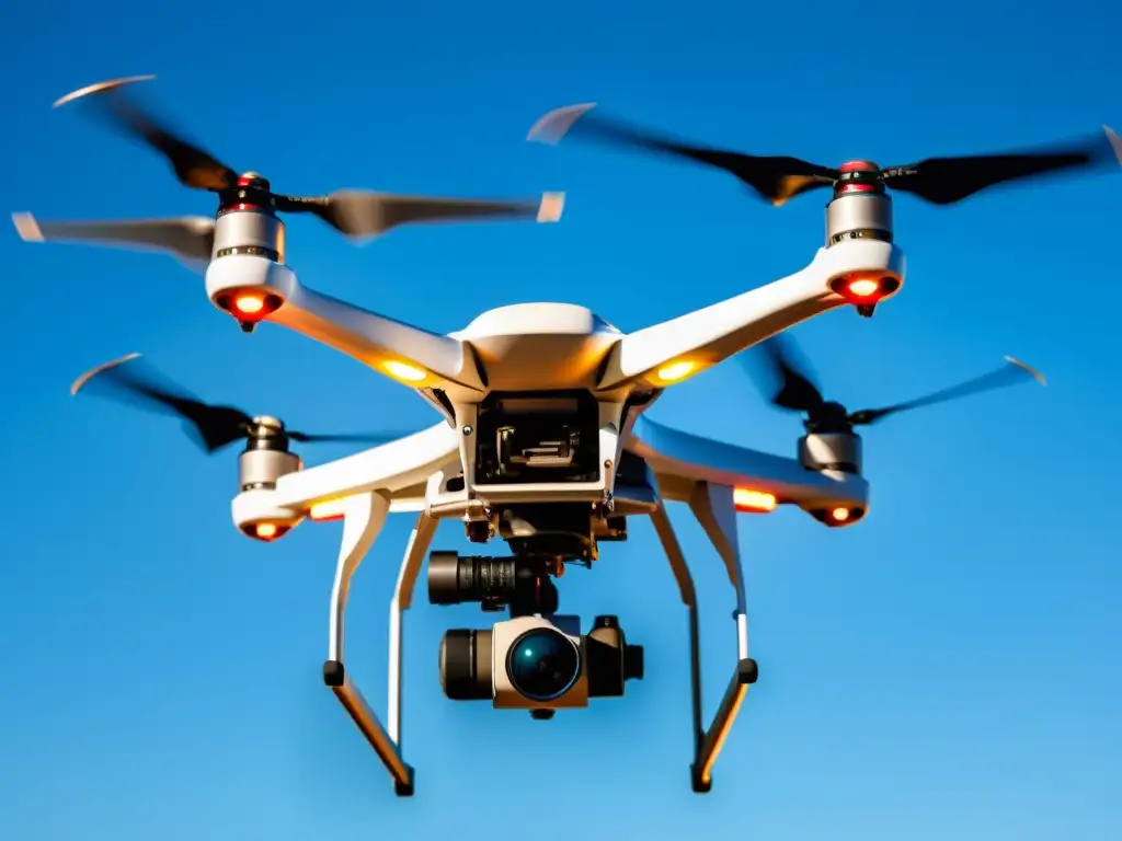 Un dron con avanzada tecnología de medidas anticolisión, detallando sensores, cámaras y radar, bajo un cielo azul claro