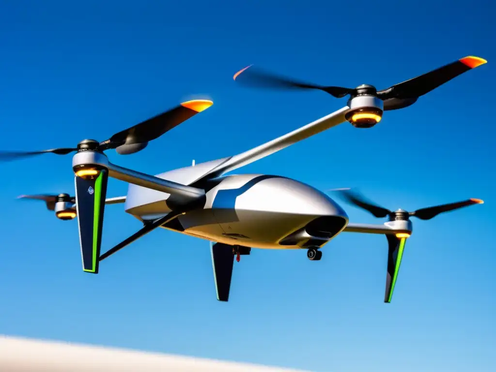 Drone eléctrico futurista en el cielo azul Dron eléctrico futurista en cielo despejado, propulsores girando, reflejando tecnología avanzada y compromiso con el cielo limpio