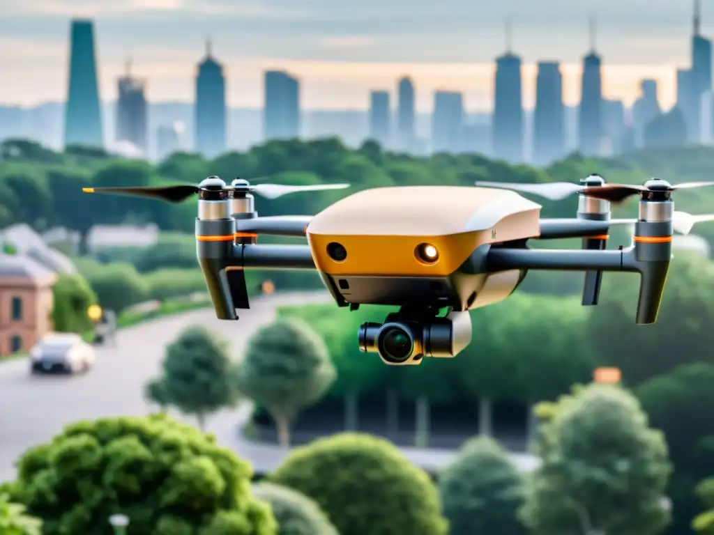 Un dron de entrega ecológico desciende suavemente sobre la puerta de un destinatario en un entorno urbano sostenible