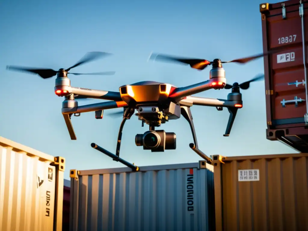 Un dron futurista inspecciona cargas peligrosas en un contenedor, destacando la importancia de la automatización en la seguridad del transporte especializado