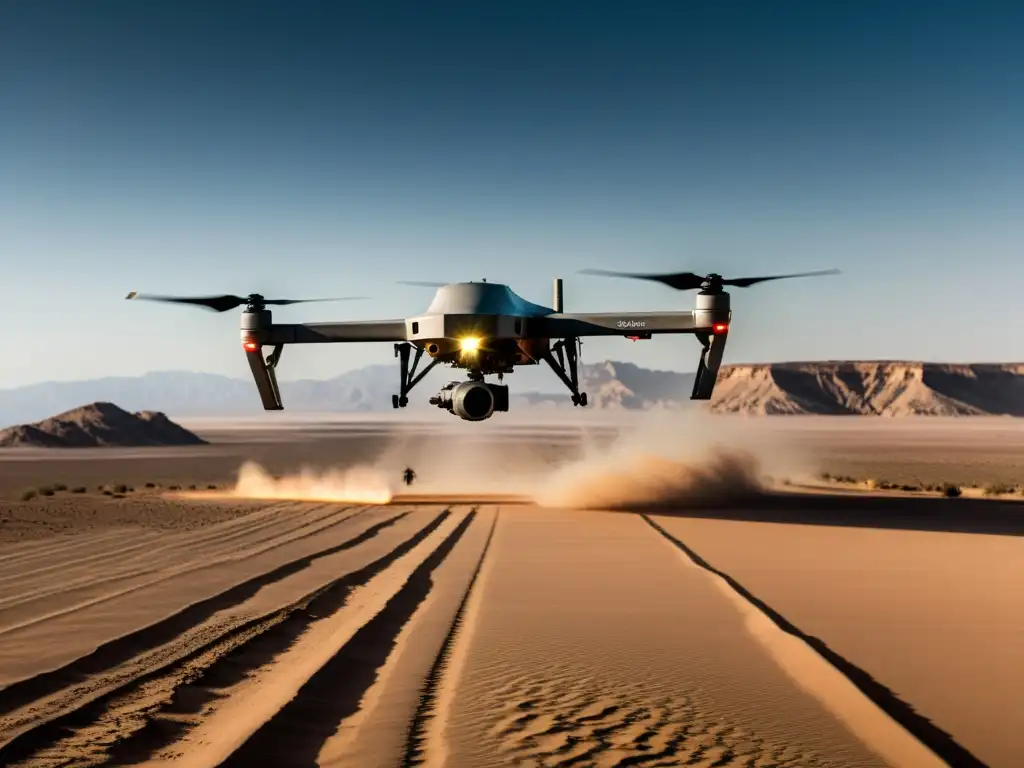 Un dron militar sobrevuela silenciosamente un paisaje desértico, proyectando una larga sombra