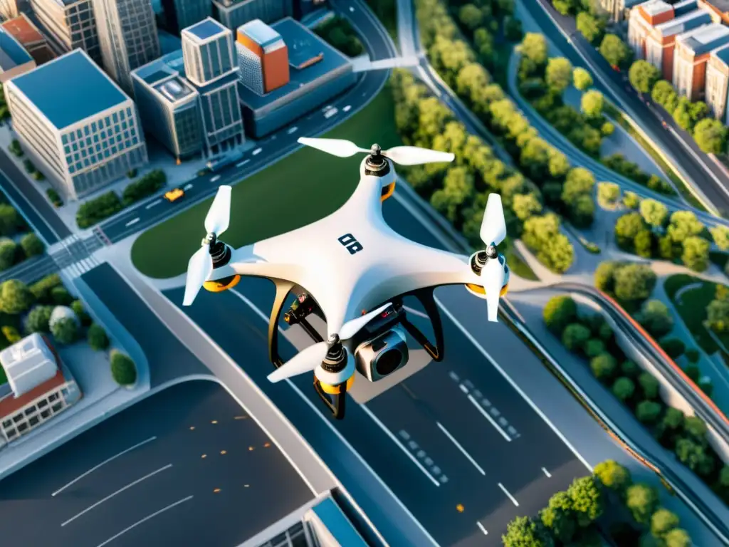 Un dron de transporte vuela sobre la ciudad, mostrando la evolución de los UAV en transporte