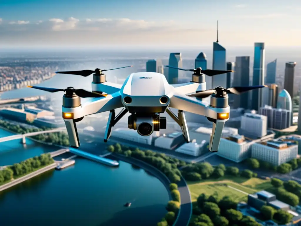 Un dron de vigilancia de alta tecnología captura imágenes detalladas de la ciudad