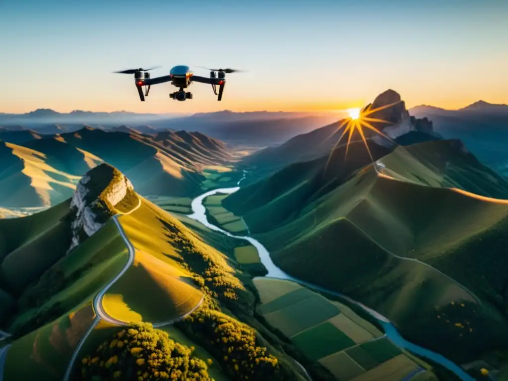 Drone capturando la belleza de un atardecer sobre montañas