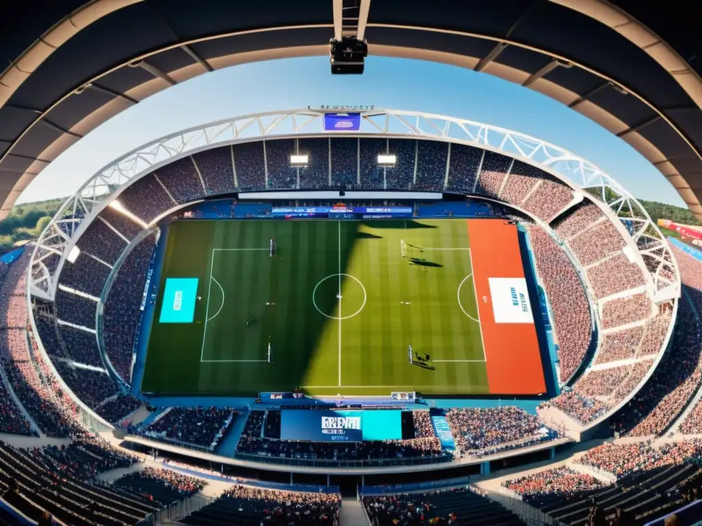 Un drone en acción sobre un estadio lleno durante un evento deportivo, destacando las aplicaciones de drones en eventos deportivos