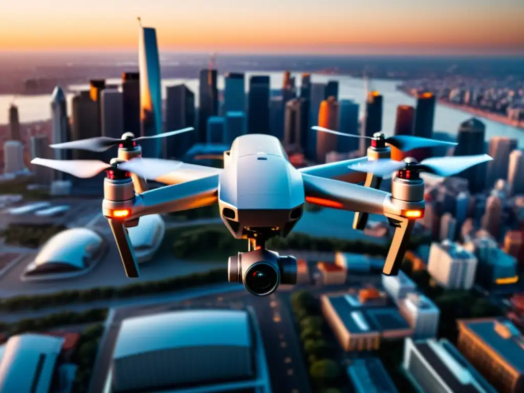 Drone moderno en vuelo sobre ciudad al atardecer, reflejando innovación tecnológica