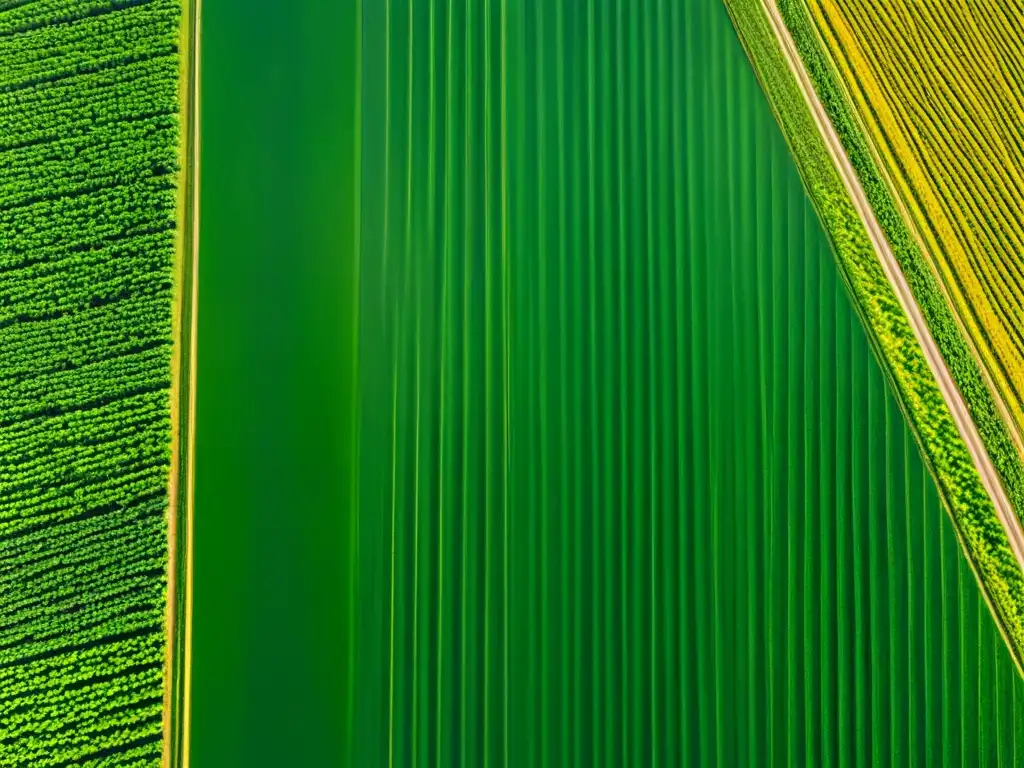 Drones agrícolas de precisión capturan detalladamente campo verde y dorado, mostrando la tecnología y belleza de la agricultura moderna