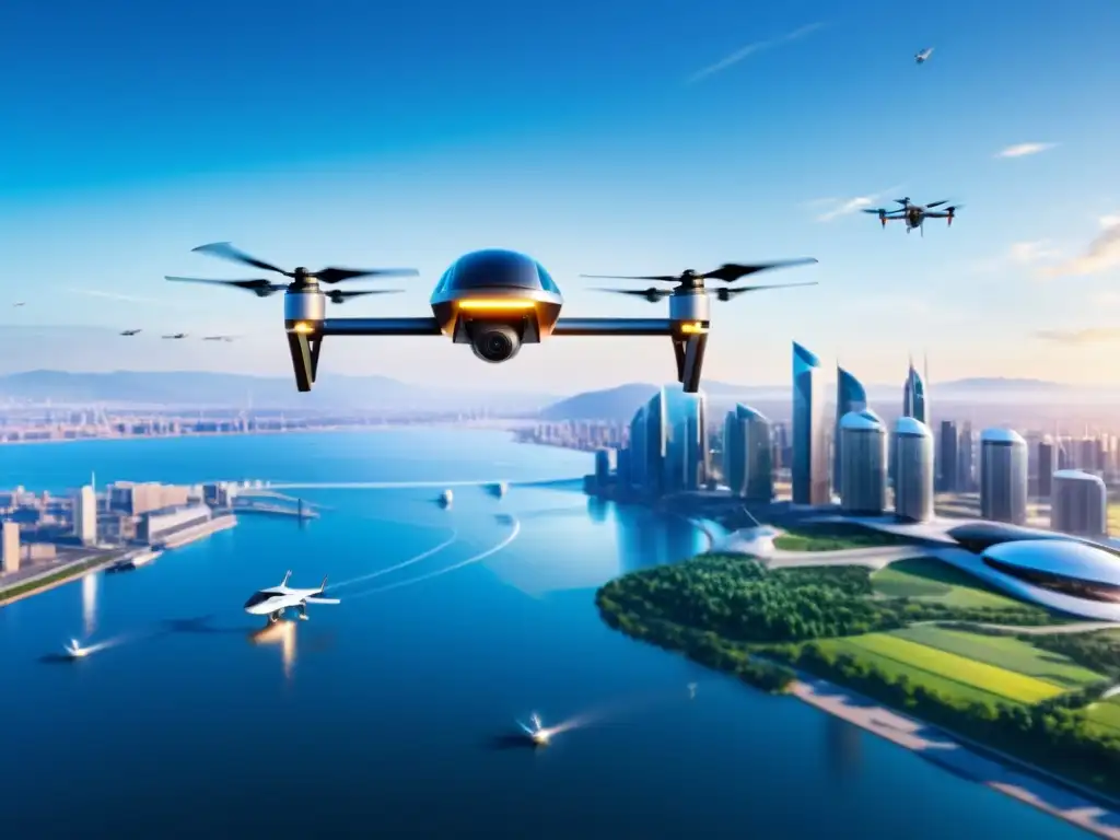 Drones eléctricos ultramodernos en un cielo cristalino Drones eléctricos contribuyendo a un cielo limpio, volando en un paisaje urbano futurista con tecnología avanzada y amigable con el medio ambiente