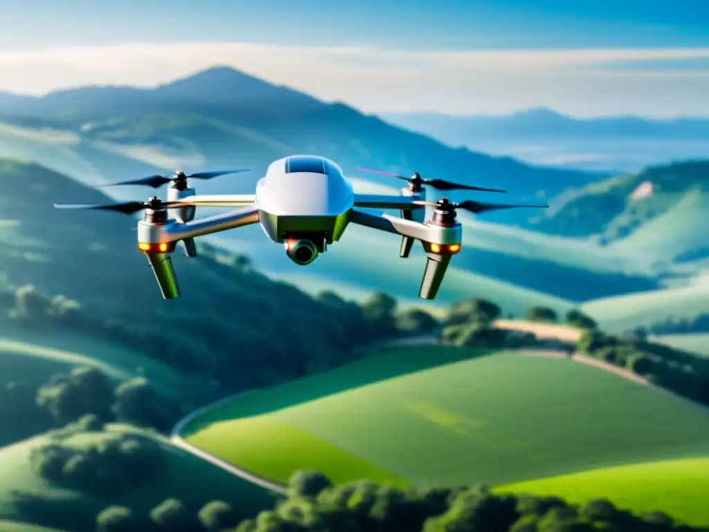 Drones eléctricos surcando el cielo verde Drones eléctricos contribuyendo a un cielo limpio sobre un paisaje verde, tecnología de vanguardia y beneficios ambientales