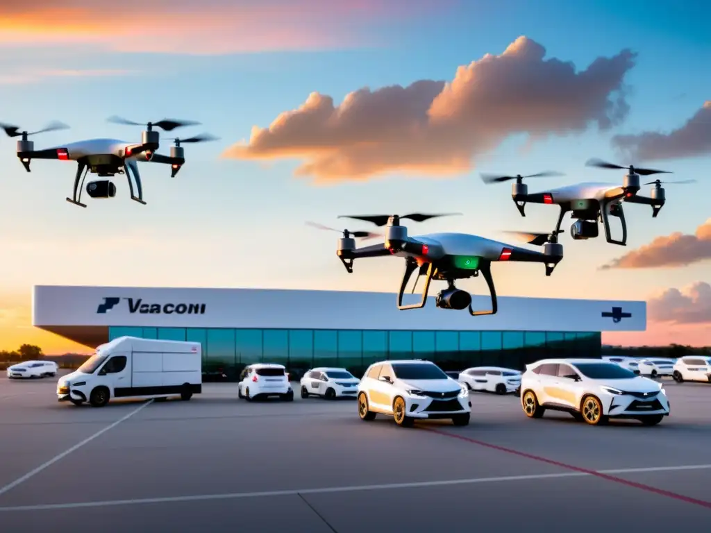 Drones en entrega de suministros médicos despegando al atardecer desde instalación moderna, transmitiendo eficiencia e innovación