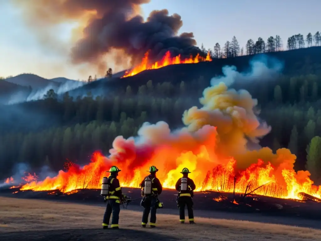 Combate de incendios al atardecer con drones y cámaras térmicas Drones luchando contra incendios al atardecer, capturando el calor del fuego con cámaras térmicas mientras los bomberos trabajan en equipo
