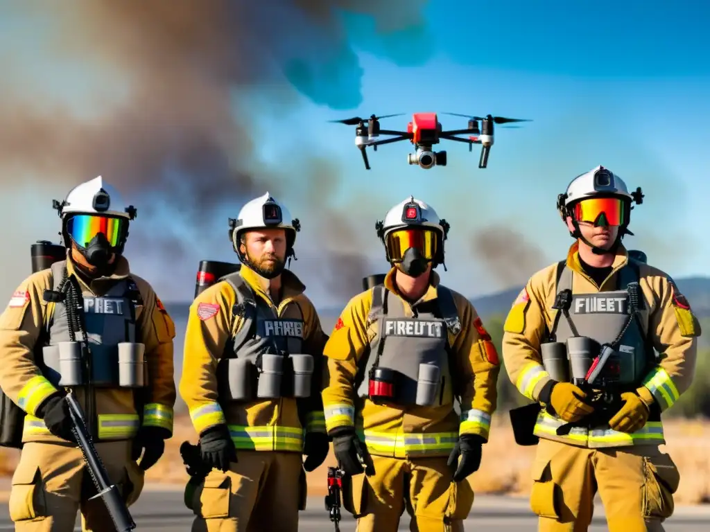 Brigada de bomberos y drones contra incendios Drones lucha contra incendios: Grupo de bomberos listos para desplegar drones de alta tecnología en la lucha contra un incendio forestal