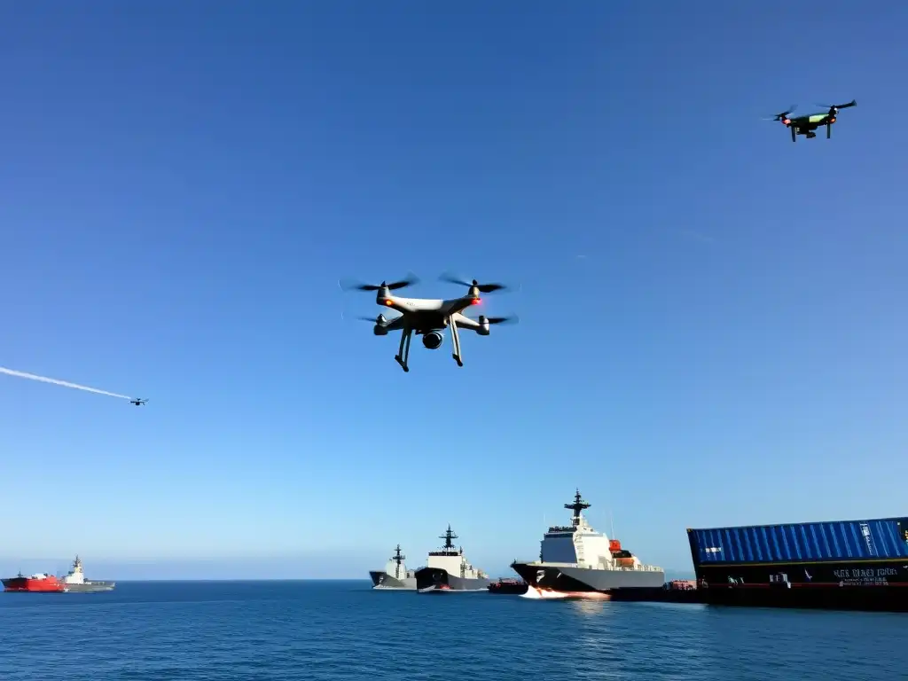 Drones logística naval evolución transporte: Flota de drones avanzados coordinando eficientemente con la base y el personal, transportando suministros