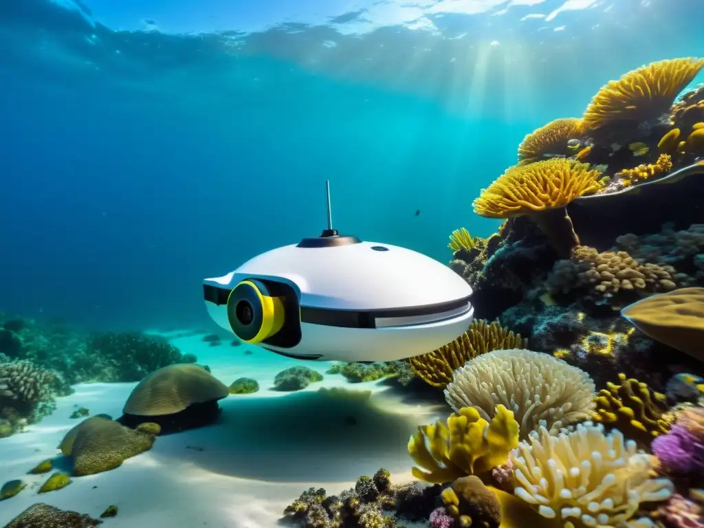 Drones subacuáticos estudio océano: Drone de alta tecnología captura vibrante vida marina y arrecifes de coral en aguas cristalinas