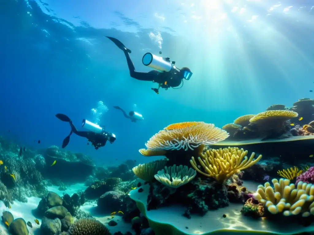 Drones subacuáticos realizan un estudio del océano, capturando la belleza de un arrecife de coral vibrante y diverso