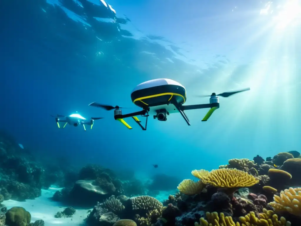 Drones subacuáticos estudio océano: avanzados drones exploran arrecifes de coral y vida marina en aguas cristalinas, reflejando innovación tecnológica