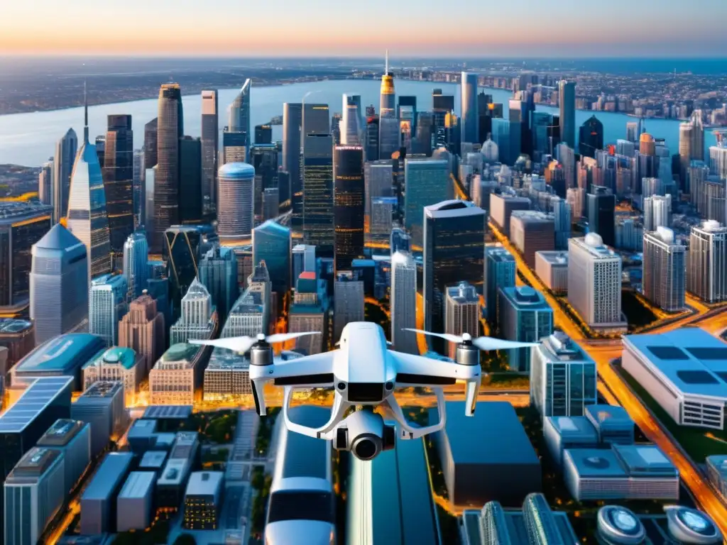 Drones revolucionando transporte aéreo sobre la ciudad: tecnología futurista y paisaje urbano se entrelazan en una imagen dinámica