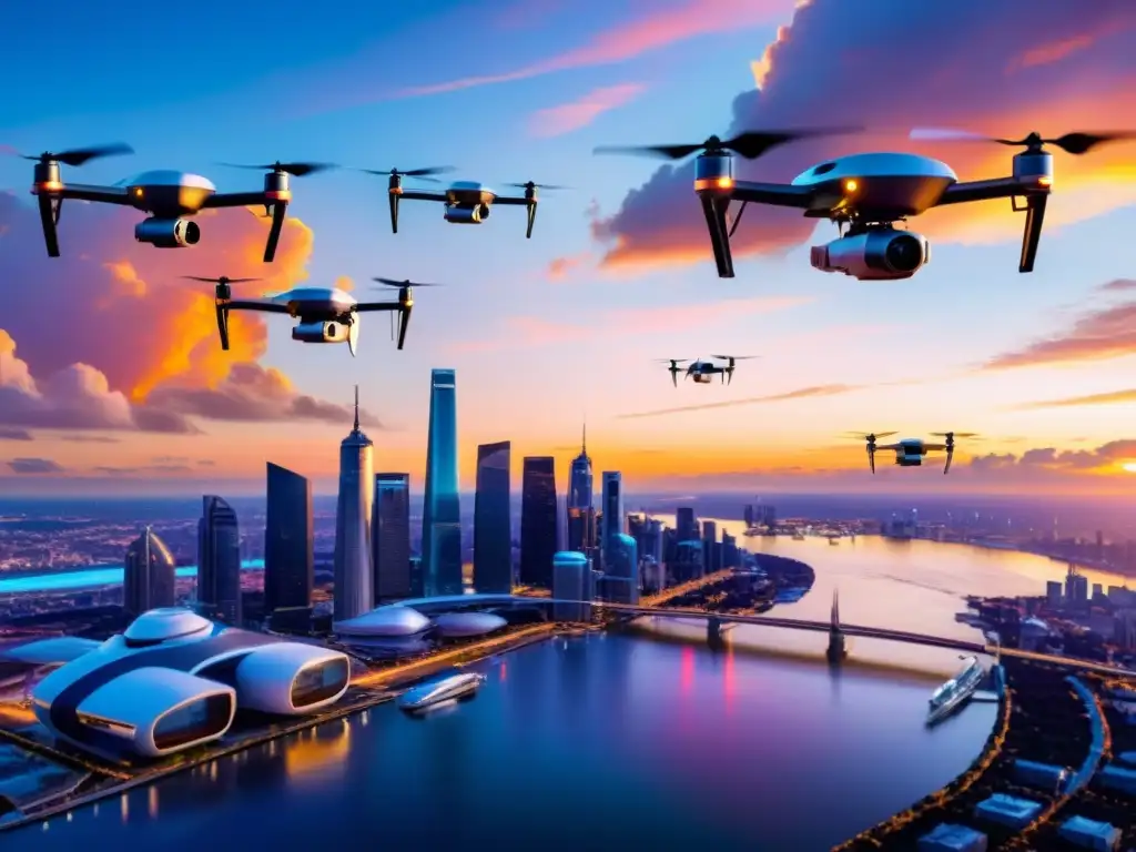 Drones revolucionando transporte aéreo: Flota de drones futuristas surcando el cielo al atardecer, con propulsores girando entre nubes