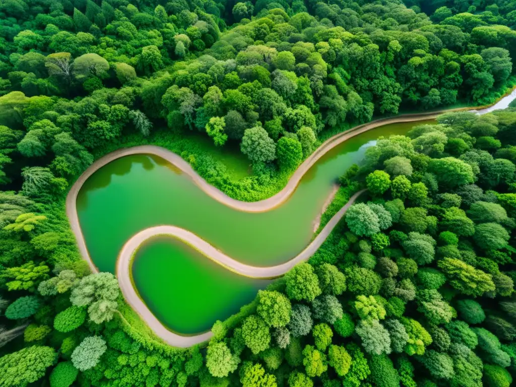 Drones en conservación de vida silvestre: Bosque exuberante con río serpenteante, luz filtrándose entre las hojas y biodiversidad en red intrincada