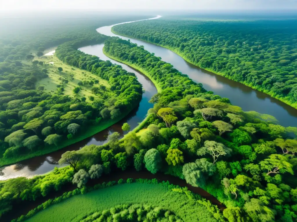 Drones en conservación de vida silvestre: Majestuoso paisaje de selva con río serpenteante, elefantes, jirafas y luz solar filtrándose