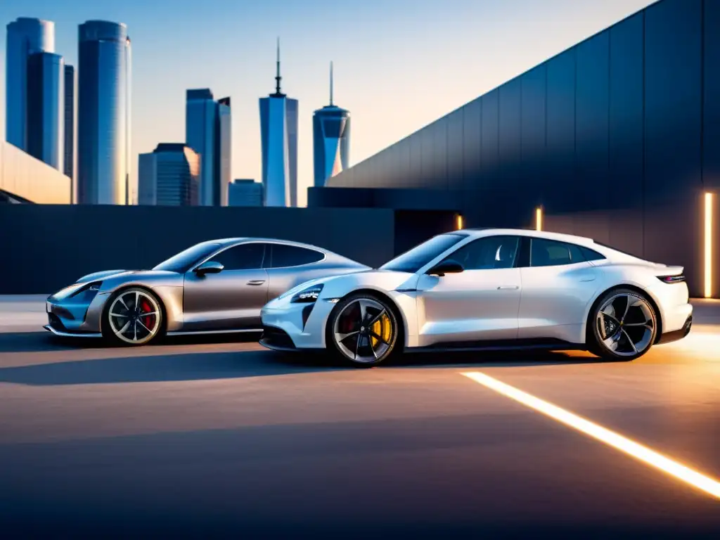 Duelo de lujo eléctrico: Porsche Taycan y Audi e-tron GT, en una escena urbana futurista con diseño aerodinámico y luces de ciudad