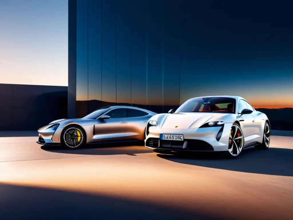 Duelo de lujo eléctrico entre un Porsche Taycan y un Audi e-tron GT frente a una moderna arquitectura, iluminados por el cálido atardecer