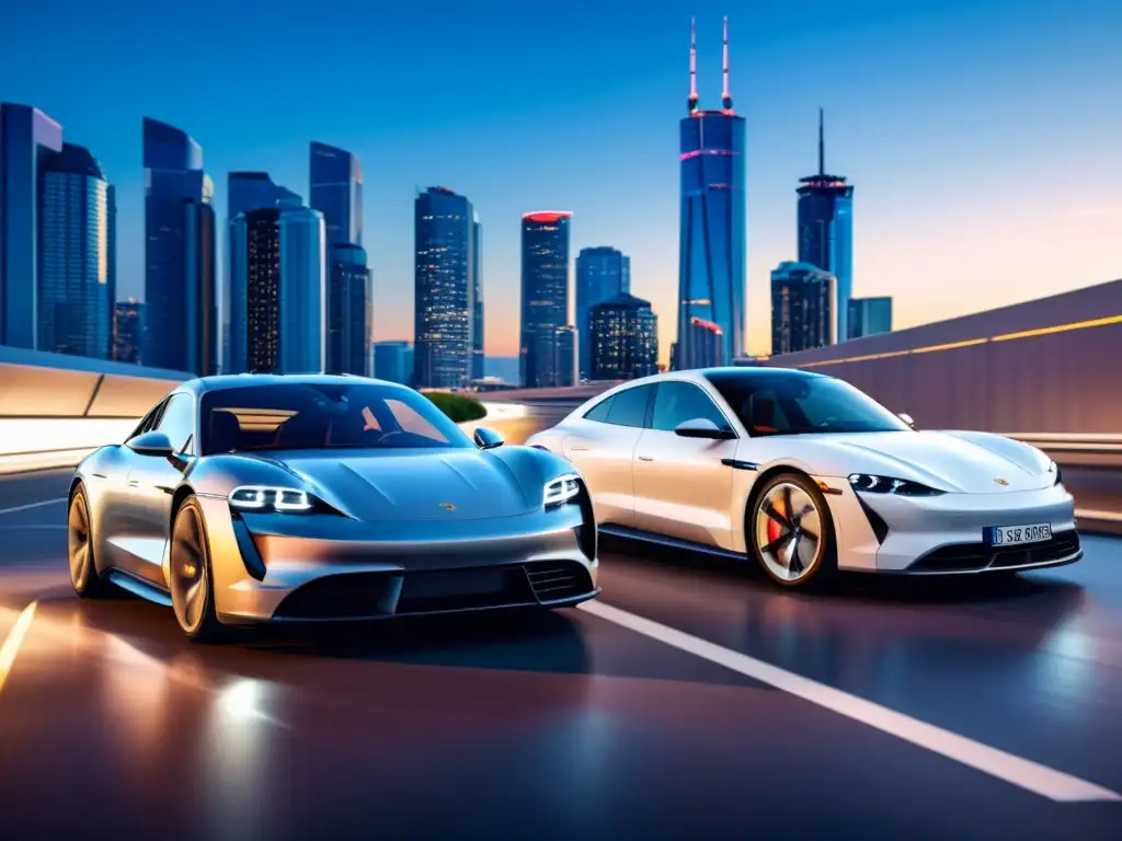 Duelo de lujo eléctrico entre Porsche Taycan y Audi e-tron GT en la ciudad moderna iluminada, destacando su diseño aerodinámico y potencia eléctrica