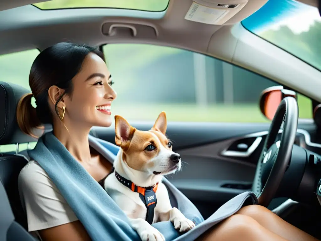 Un dueño y su perro disfrutan de un viaje seguro y confortable en un auto espacioso y bien ventilado, equipado con amenidades pet-friendly